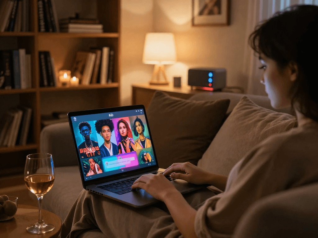 Engaging in an ai sex chat on a laptop in a cozy home setting, featuring colorful character graphics and warm mood lighting.