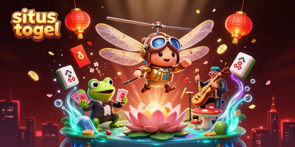Engage with the exciting world of situs togel as a dragonfly pilot oversees a vibrant casino scene with dancing frogs and musicians.