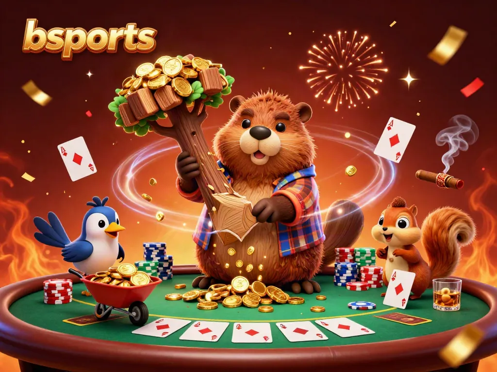 Experience exciting games with bsports featuring a lively 3D illustration of a cartoon beaver and friends surrounded by a poker scene.