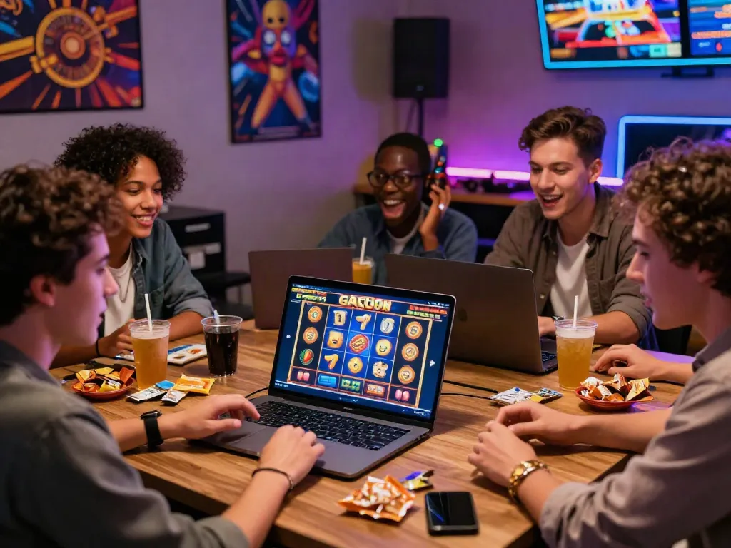 Friends enjoying slot gacor gampang menang games on a laptop, surrounded by snacks, in a vibrant gaming atmosphere.