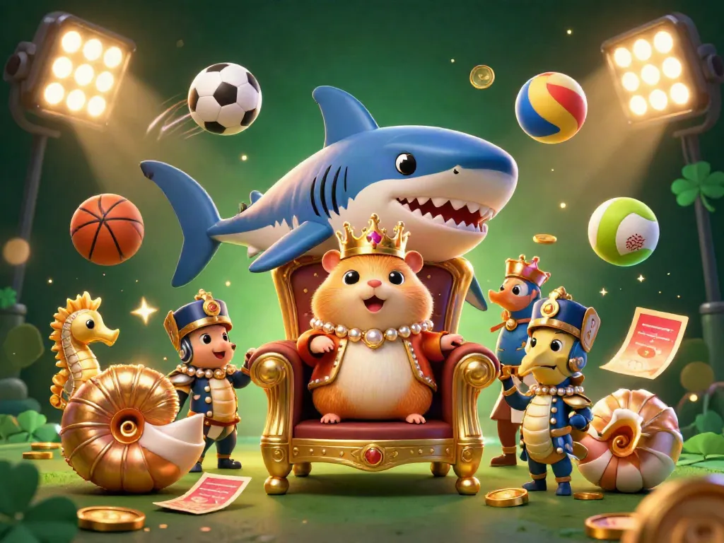 Luck8 showcases a hamster king on a megalodon throne surrounded by sports elements, capturing dynamic casino action.