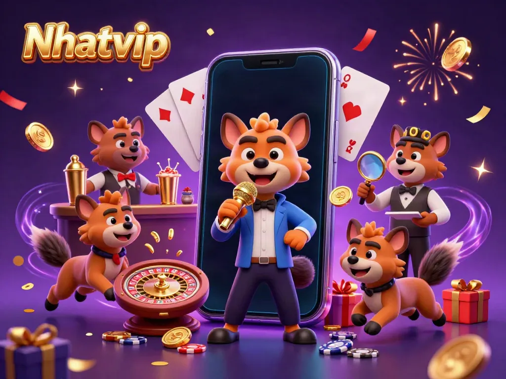 Nhatvip hyenas entertain at a comedy casino club, showcasing dynamic gambling elements and vibrant celebration.
