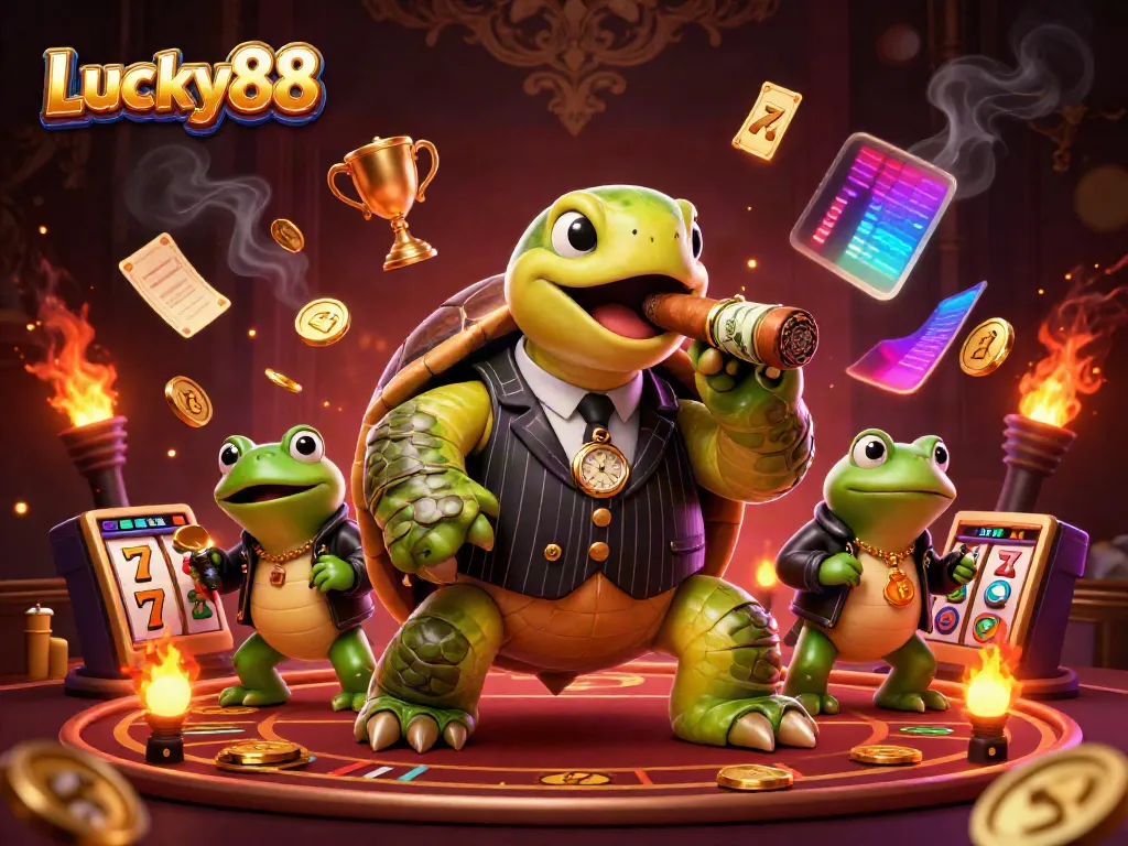 Experience the vibrant world of Lucky88 with a lively casino scene, featuring characters and gaming elements.