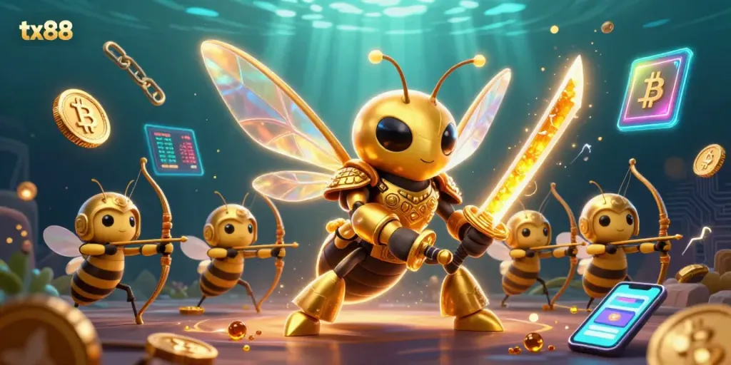 Engage with tx88's immersive gaming experience showcasing a giant hornet samurai surrounded by digital assets.