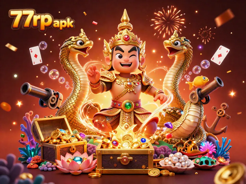 Win big with 77rp apk's thrilling games, featuring vibrant casino elements and enchanting characters.