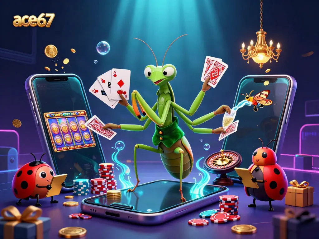 The ace67 platform presents a lively scene with a giant praying mantis card sharp dealing in a vibrant casino setup featuring slots and poker.