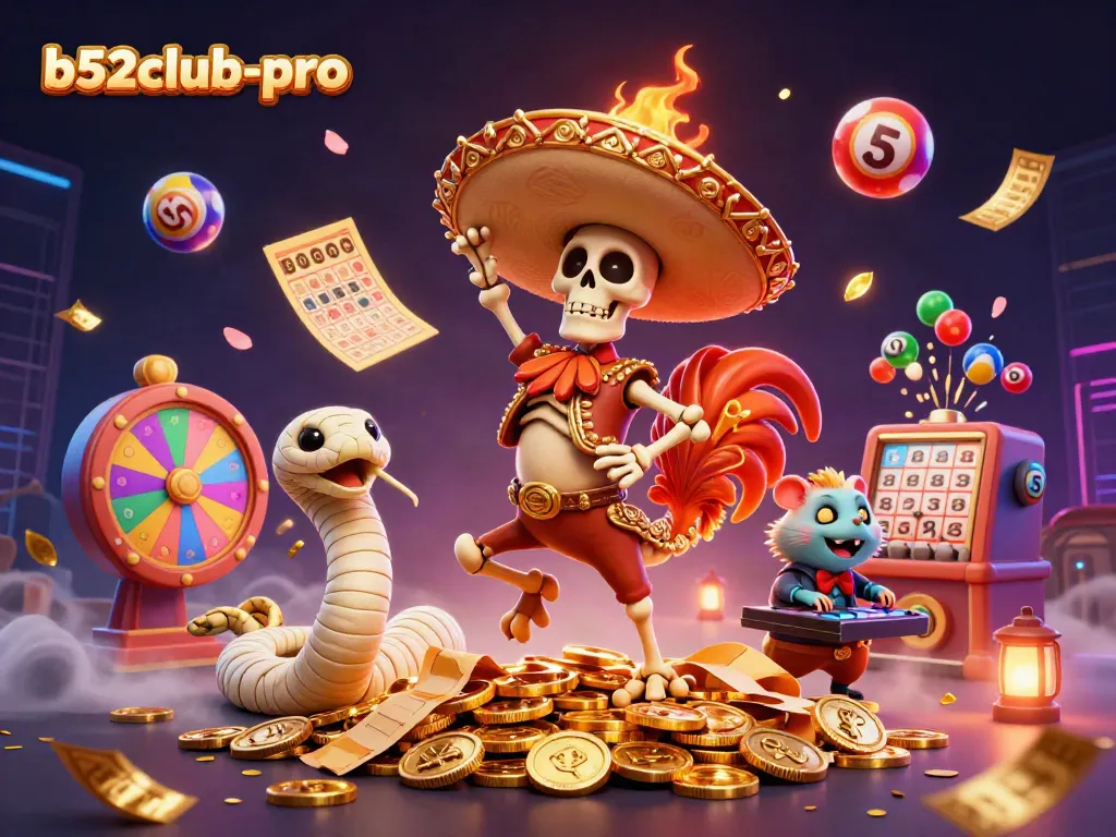 Engage with b52club-pro's colorful gaming scene featuring vibrant characters and casino elements.