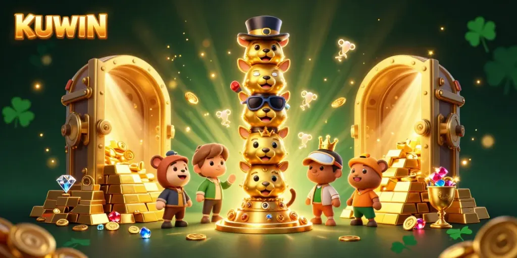 KUWIN offers vibrant casino gaming with dynamic golden treasures and animated totem characters.
