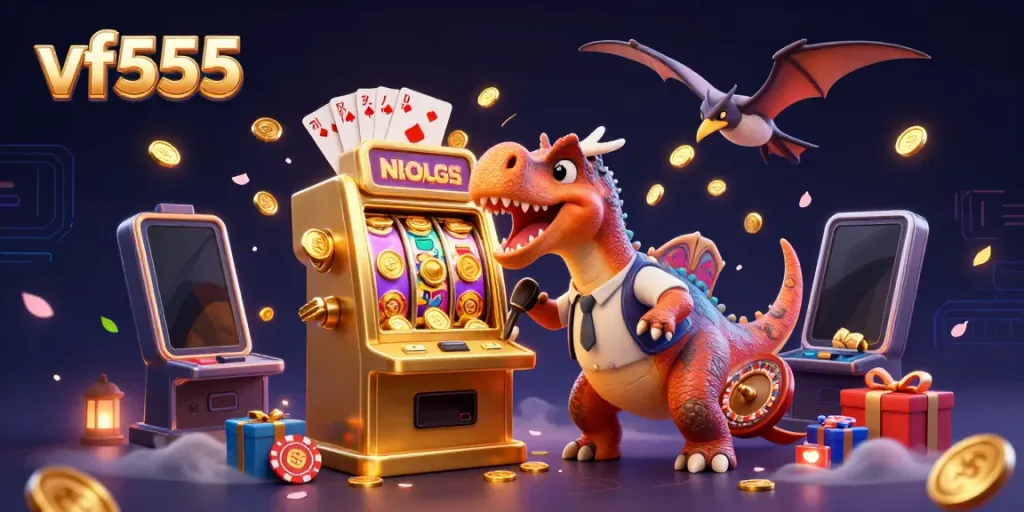 Experience vf555's dynamic casino scene with cartoon characters, slot machines, and vibrant game elements.