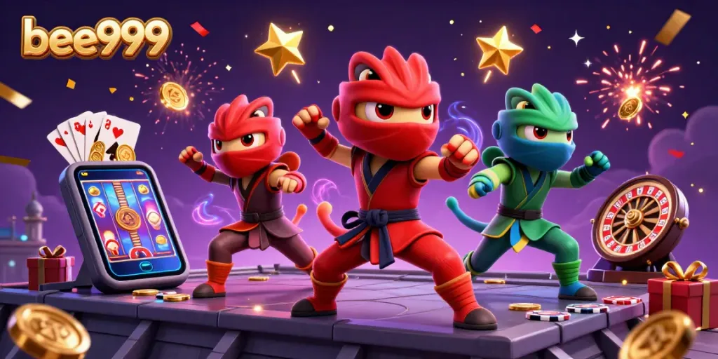 Engaging bee999 illustration of ninja chameleons showcasing high-energy casino gaming excitement.