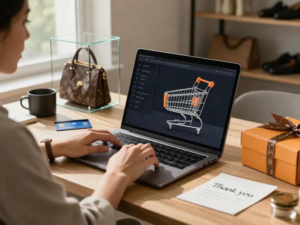 Online shopping at a replica shop showcasing premium bags and shoes, enhancing buyer confidence.