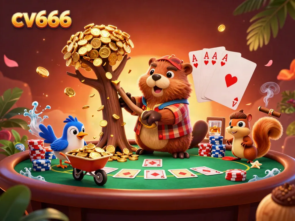 Experience thrilling gaming action at cv666 featuring a cartoon lumberjack beaver and poker elements.