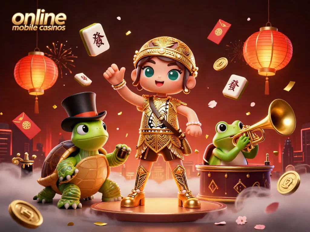 Experience the thrill of online mobile casinos with this vibrant, 3D casino scene featuring unique characters.