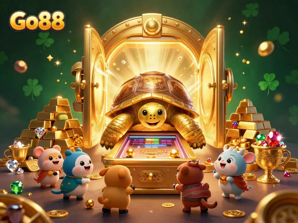 Experience Go88 with a vibrant illustration of a playful casino tortoise and riches overflowing