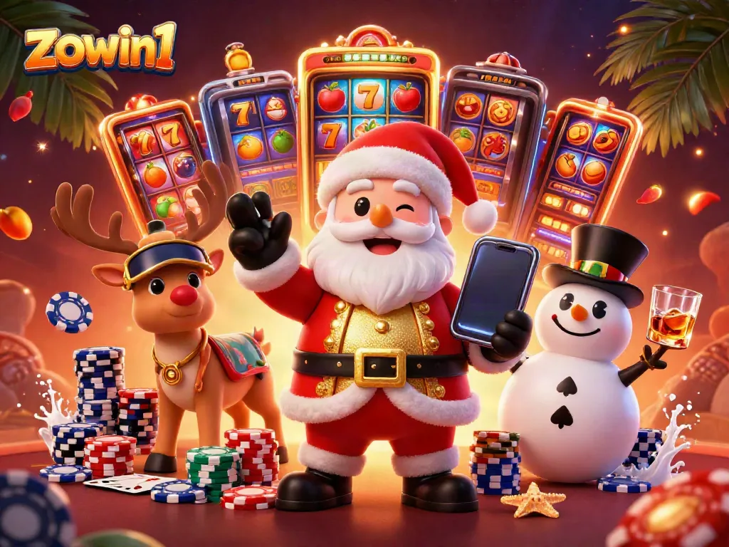 Play exciting slots with zowin1, featuring a lively scene of Santa, a reindeer dealer, and a poker chip snowman amidst dynamic slot reels.