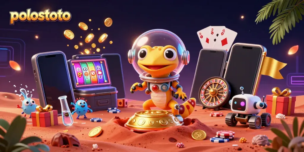 Experience the thrill of polostoto with a vibrant 3D scene featuring a Martian gecko discovering a hidden casino.