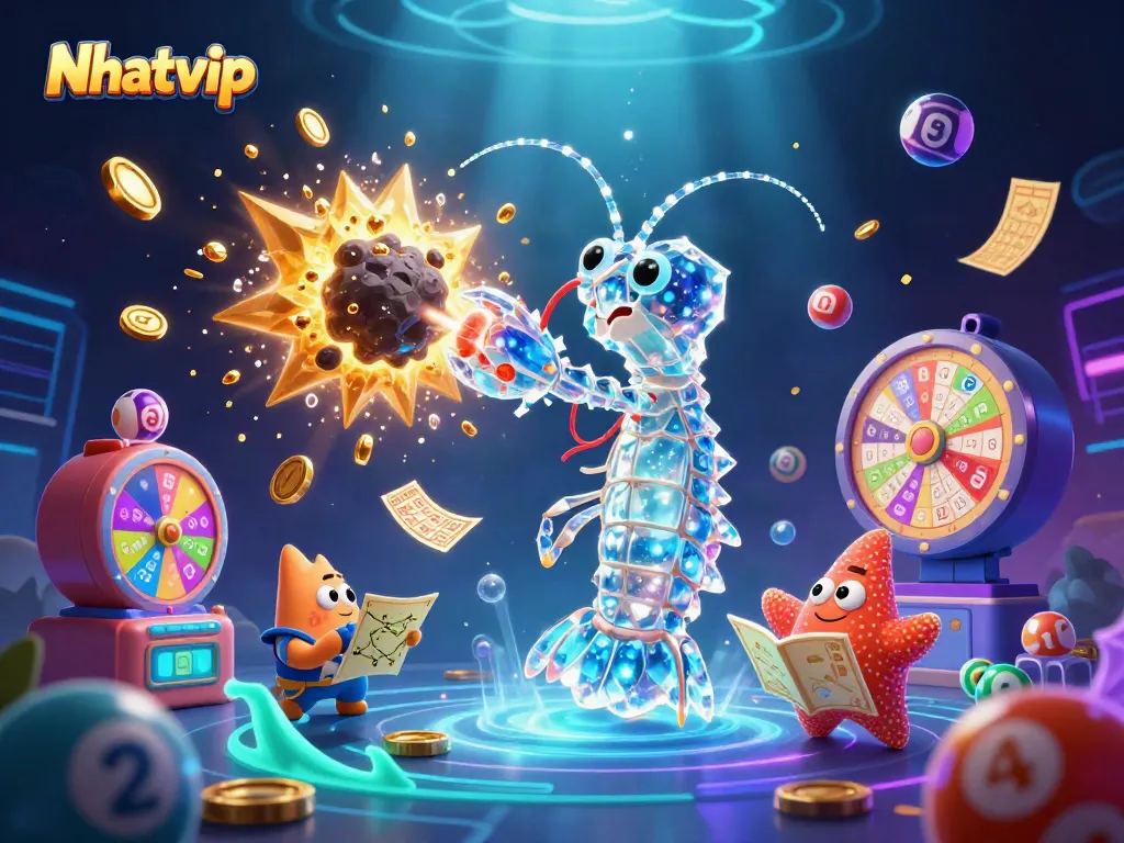 Nhatvip gaming illustration featuring a galactic samurai mantis shrimp and starfish amid vibrant casino elements.