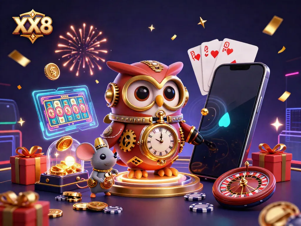 Engage with the exciting XX8 casino adventure featuring steampunk owl and vibrant gaming elements.