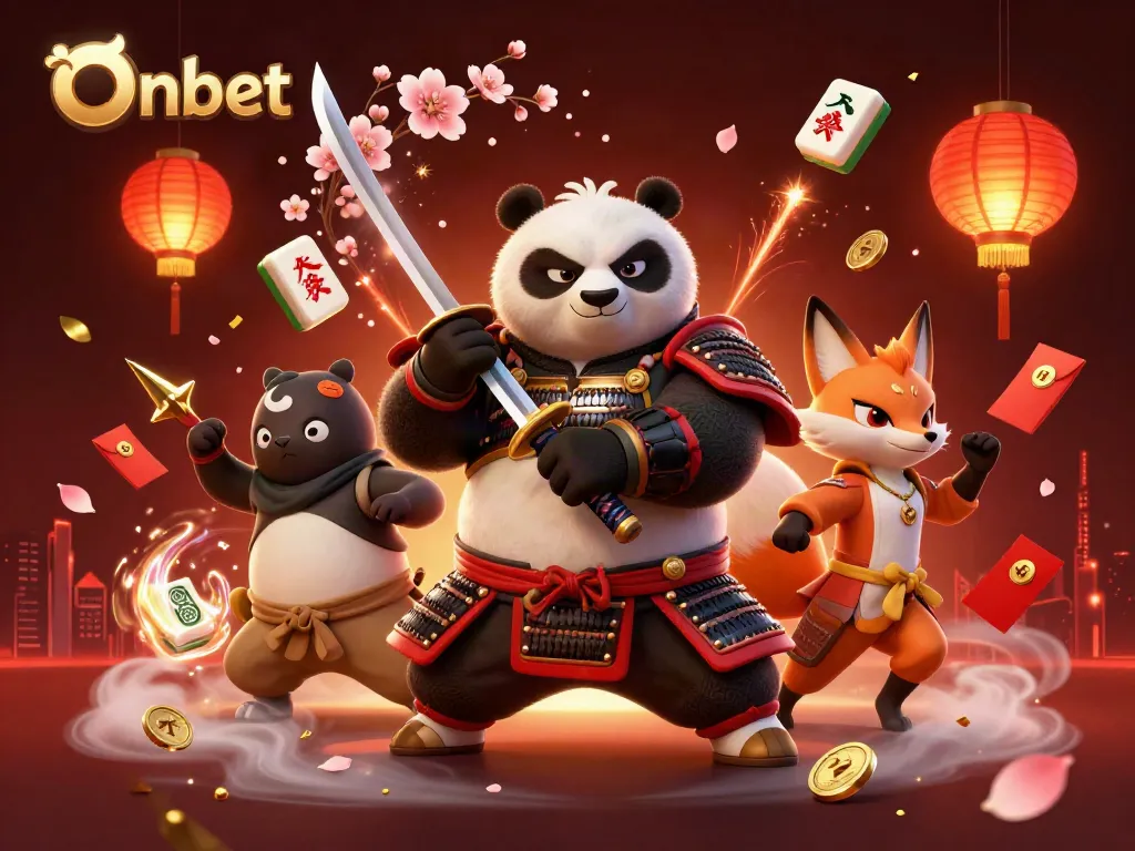 Engage with Onbet's 3D samurai panda and ninja fox in a vibrant casino scene filled with lucky symbols.