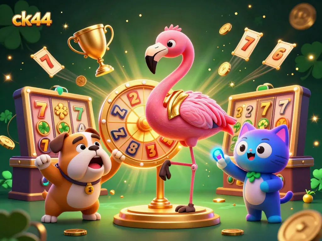 Spin and win on ck44 with a vibrant 3D illustration showcasing a game show host flamingo and excited bulldog