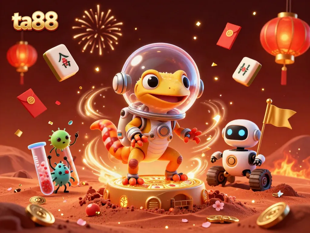 Catch winning moments at ta88 with a vibrant casino scene featuring a Martian gecko and dazzling game elements.