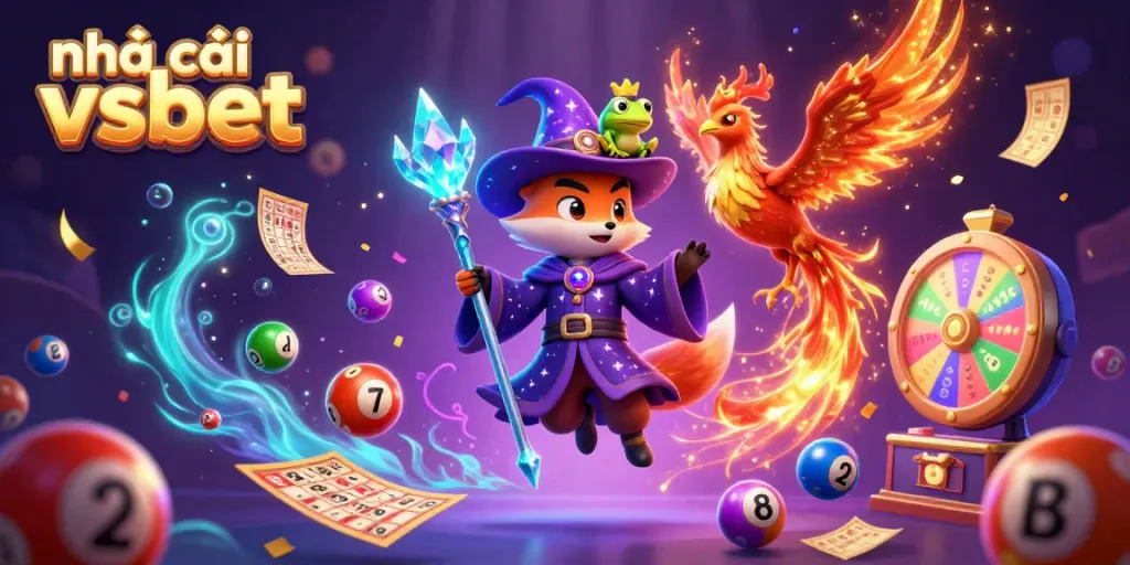 Engaging illustration for nhà cái vsbet with a magical wizard fox, phoenix, and animated lottery elements.