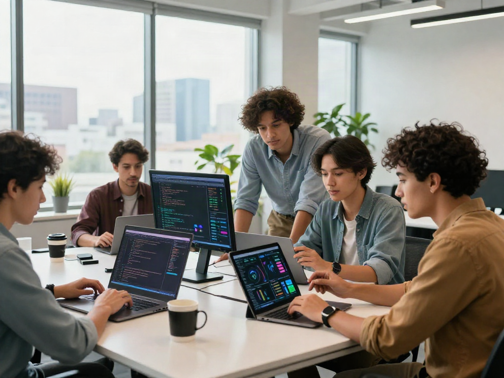 Collaboration in a modern tech workspace showcasing ai 18+ tools and young professionals at work.
