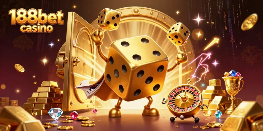 Engaging scene of 188bet casino with a golden dice golem and dynamic casino elements, showcasing a lively gambling atmosphere.
