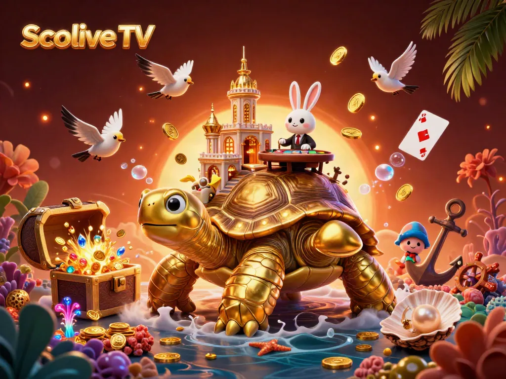 Socolive TV showcases an exciting casino scene with a golden tortoise and a rabbit dealer, surrounded by dynamic game elements.