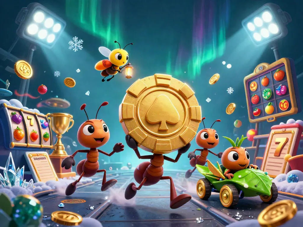 Win big with vin88-casino as ants carry a giant poker chip in this vibrant casino scene.