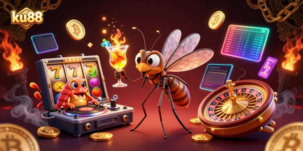 Engage with ku88's vibrant casino experience featuring an amber mosquito mascot and a trilobite DJ amidst a golden roulette.