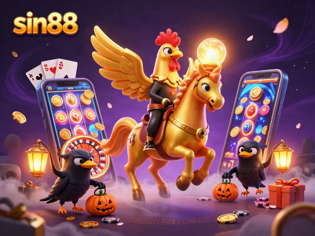 Wager at sin88 with a golden rooster in a vibrant casino scene, celebrating wins and excitement.