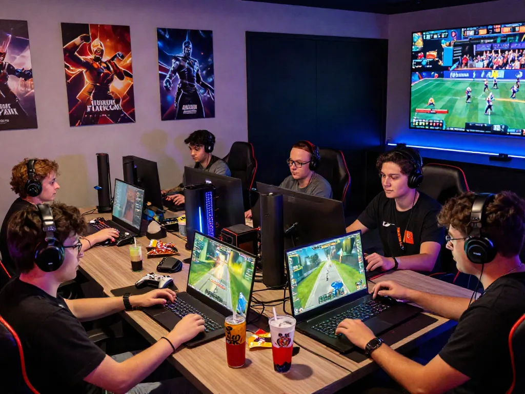 Engaged friends enjoying their time on kilat404 gaming platform in a vibrant gaming lounge.