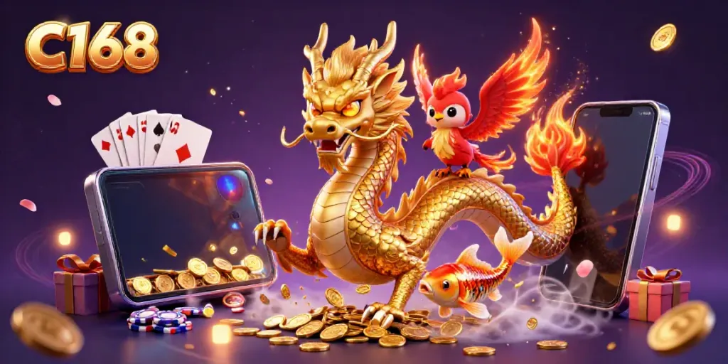 C168 showcases a powerful dragon and phoenix among vibrant casino elements and coins, emphasizing luck and fortune.