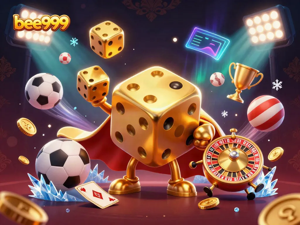 Engaging bee999 gaming illustration featuring dynamic sports elements and a golden dice golem.