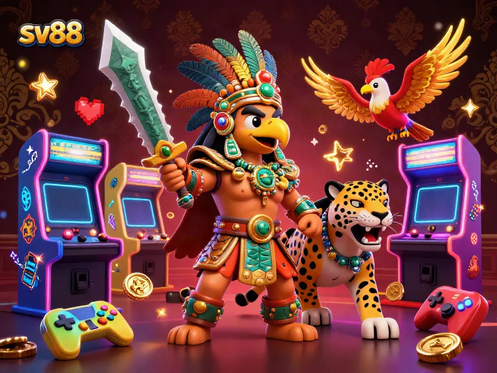 Engage in thrilling gameplay with sv88, featuring a warrior eagle and vibrant casino elements.