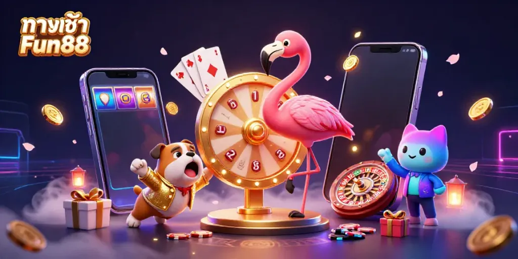Spin to win at ทางเข้า Fun88 with vibrant casino elements in a dynamic cartoon scene.