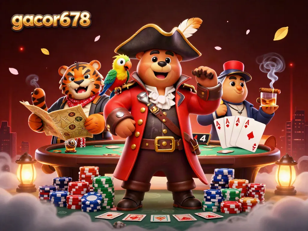 Experience gacor678 adventures with a pirate bear and tiger at a poker table, showcasing vibrant casino elements.