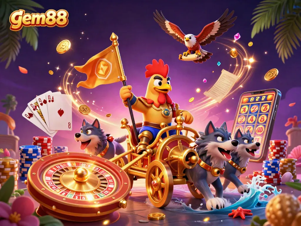 Experience the vibrant excitement of gem88 with a rooster warlord amid cascading coins and dynamic casino elements.