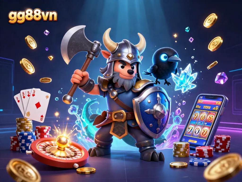 Experience thrilling moments with gg88vn as the Viking wolf warrior battles alongside a dragon, surrounded by dazzling casino elements.