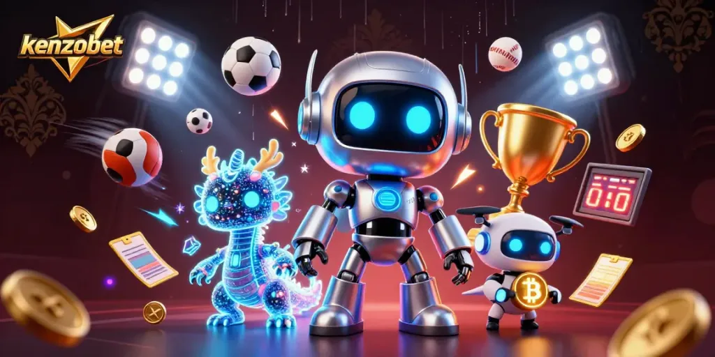 Kenzobet showcases an exciting cyberpunk casino scene with a futuristic robot and dynamic sports elements.