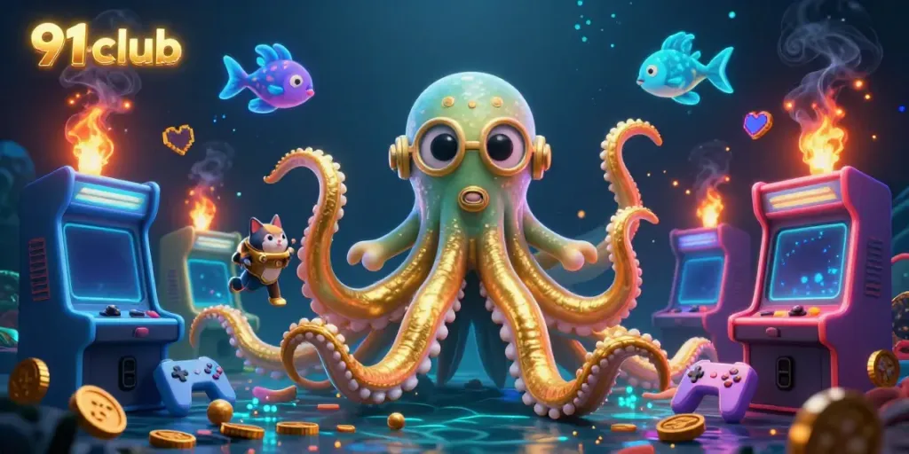 Engage with the vibrant 91club gaming scene featuring a colossal kraken and dynamic game elements.