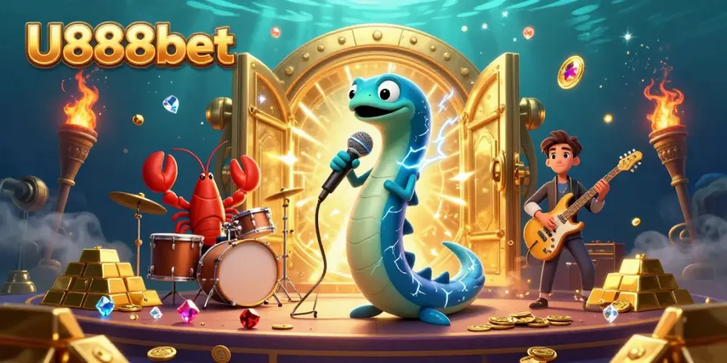 Experience thrilling wins with U888bet in a vibrant underwater casino scene featuring animated characters.