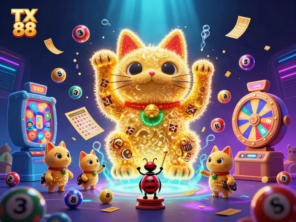 Experience the thrill of TX 88 with vibrant slot symbols and a whimsical lucky cat in this exciting casino illustration.