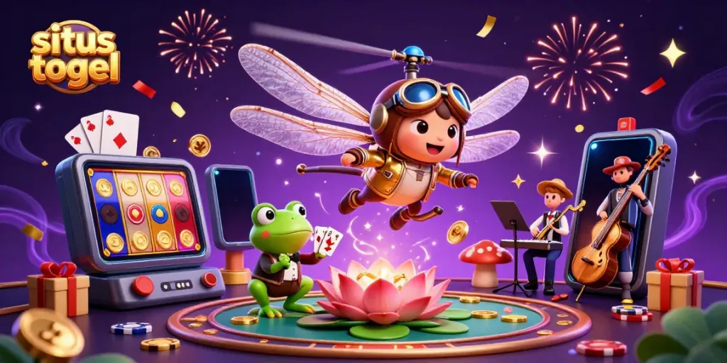 Situs togel themed illustration featuring a dragonfly pilot and frog croupier in a vibrant casino scene.
