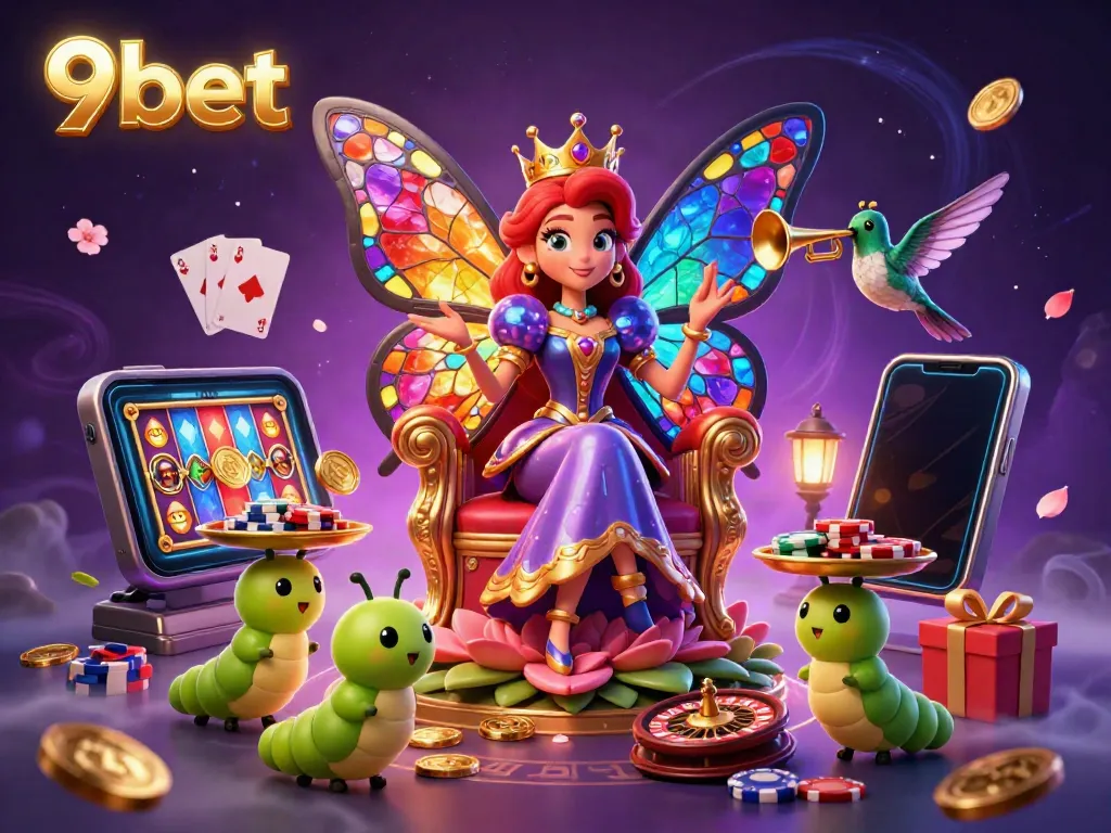 Experience thrilling gaming with 9bet in a vibrant live casino scene featuring a butterfly queen amidst exciting elements.