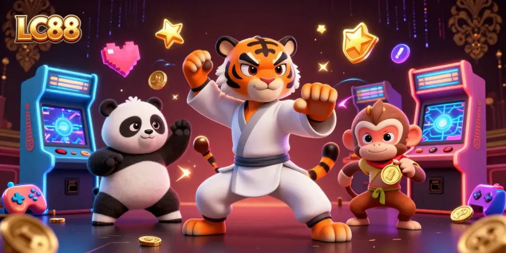 Experience the thrill of LC88 with a dazzling 3D illustration of gambling characters surrounded by vibrant casino elements.