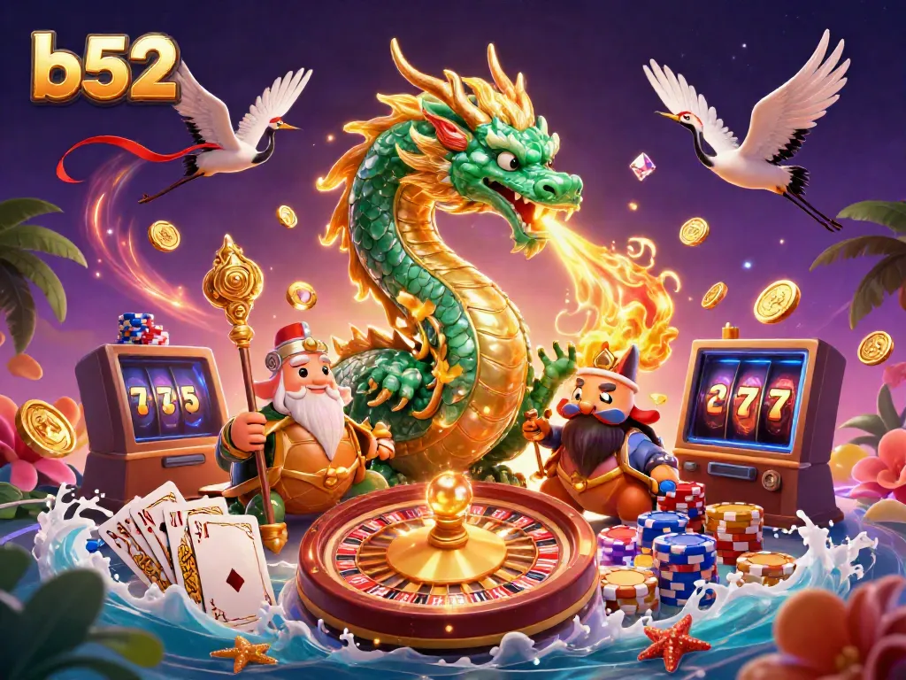 Experience thrilling gameplay at b52 with an emerald dragon and lucky symbols in an exciting casino setting.