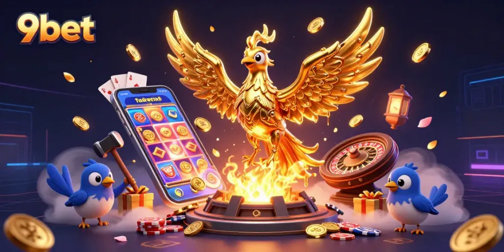 Engage with 9bet's golden phoenix surrounded by casino elements for an immersive gaming experience