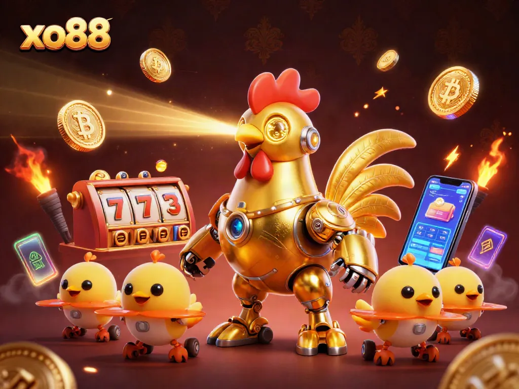 Experience the excitement of xo88 with a vibrant 3D casino scene featuring animated robots and game elements.